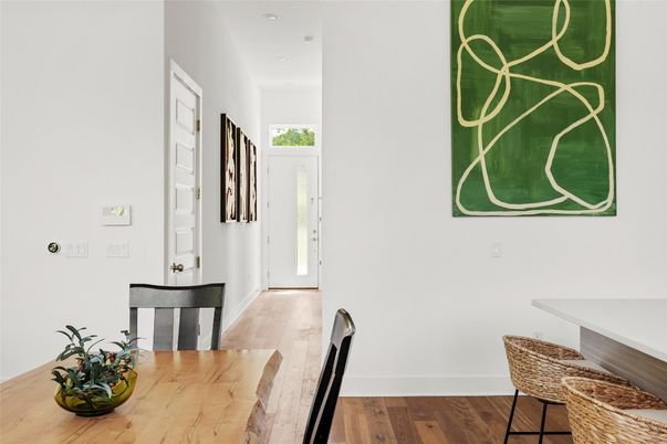 Dining room, Interior, Recessed Lighting, Wood Texture Flooring