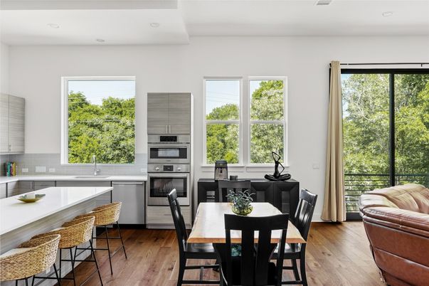 Dining room, Interior, Kitchen, Recessed Lighting, Stainless Steel Appliances, Wood Texture Flooring