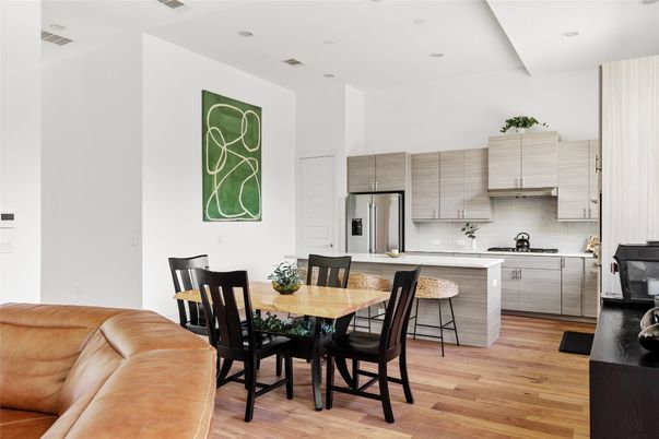 Dining room, Interior, Kitchen, Recessed Lighting, Stainless Steel Appliances, Wood Texture Flooring