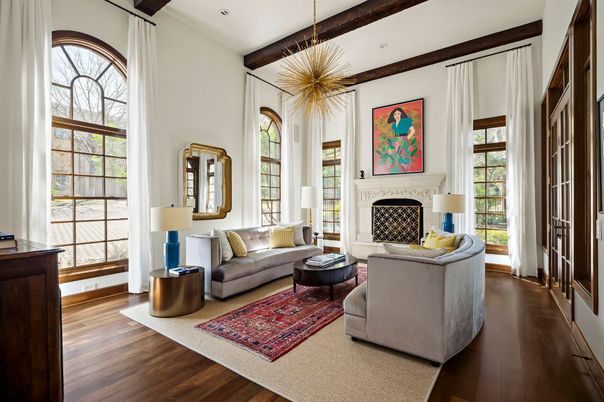 Fireplace, Interior, Living room, Pendant Lights, Recessed Lighting, Wooden Beams, Wood Texture Flooring