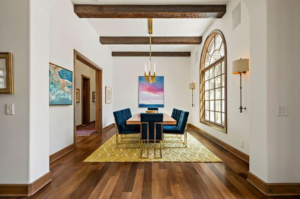 Dining room, Interior, Pendant Lights, Wooden Beams, Wood Texture Flooring