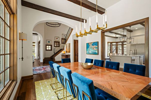 Dining room, Interior, Kitchen, Pendant Lights, Wooden Beams, Wood Texture Flooring
