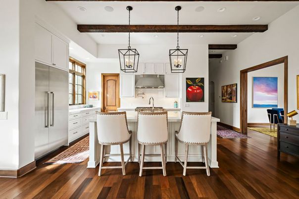 Interior, Kitchen, Pendant Lights, Recessed Lighting, Stainless Steel Appliances, Wooden Beams, Wood Texture Flooring