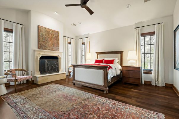 Bedroom, Fireplace, Interior, Recessed Lighting, Wood Texture Flooring