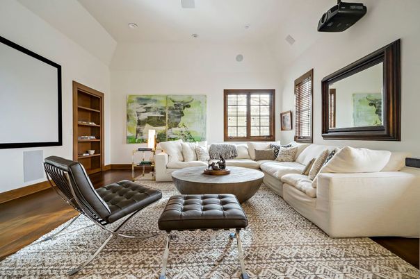 Interior, Living room, Projection Screen, Recessed Lighting, Wood Texture Flooring