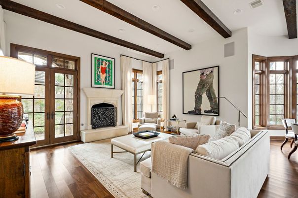 Fireplace, Interior, Living room, Recessed Lighting, Wooden Beams, Wood Texture Flooring