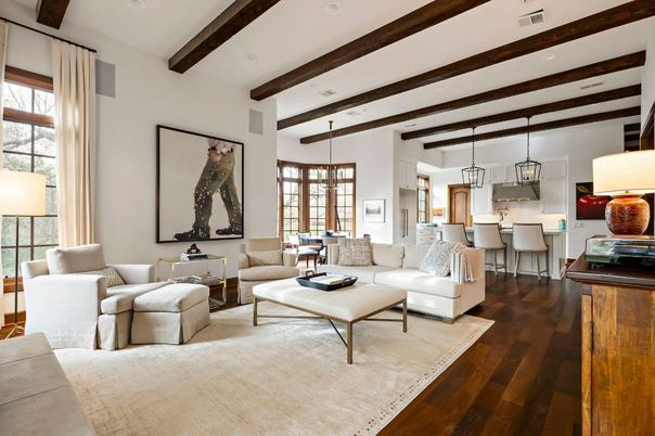 Interior, Kitchen, Living room, Pendant Lights, Recessed Lighting, Stainless Steel Appliances, Wooden Beams, Wood Texture Flooring