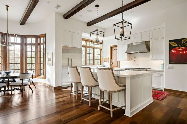 Dining room, Interior, Kitchen, Pendant Lights, Recessed Lighting, Stainless Steel Appliances, Wooden Beams, Wood Texture Flooring