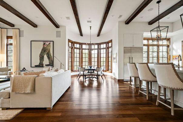 Dining room, Interior, Kitchen, Living room, Pendant Lights, Recessed Lighting, Wooden Beams, Wood Texture Flooring