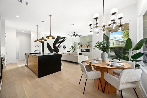 Dining room, Interior, Kitchen, Living room, Pendant Lights, Recessed Lighting, Wood Texture Flooring