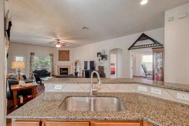 Fireplace, Interior, Kitchen, Living room, Recessed Lighting