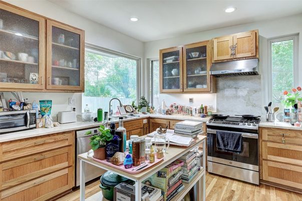 Interior, Kitchen, Recessed Lighting, Stainless Steel Appliances, Wood Texture Flooring