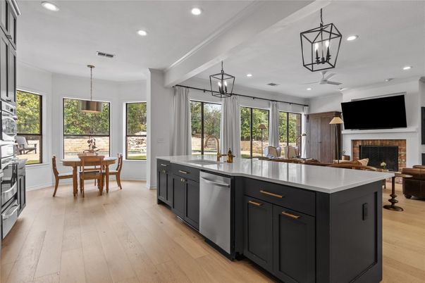 Dining room, Fireplace, Interior, Kitchen, Pendant Lights, Recessed Lighting, Wood Texture Flooring