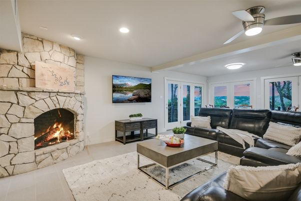 Fireplace, Interior, Living room, Recessed Lighting, Stone Walls