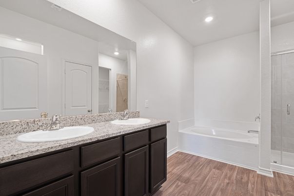 Bathroom, Dual Sink Vanities, Interior, Recessed Lighting, Wood Texture Flooring