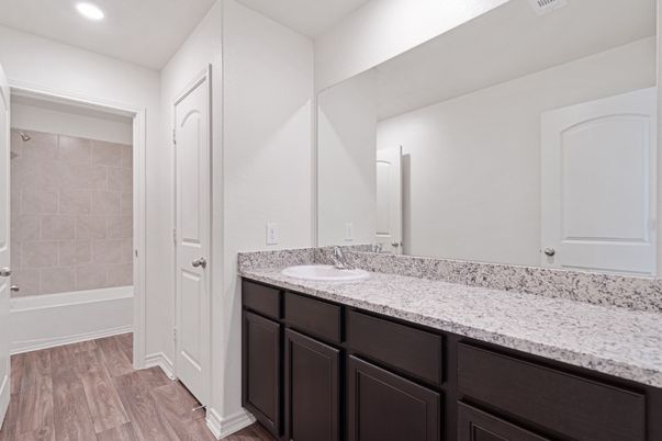 Bathroom, Dual Sink Vanities, Interior, Recessed Lighting, Wood Texture Flooring