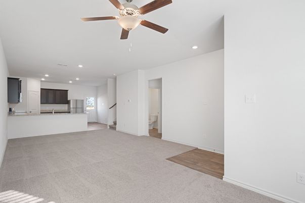Empty room, Interior, Kitchen, Recessed Lighting, Wood Texture Flooring