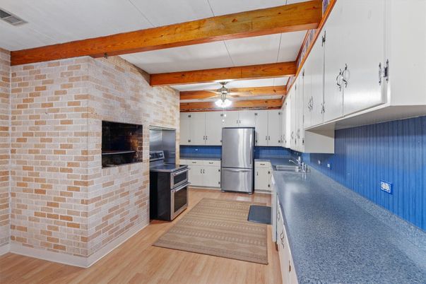 Interior, Kitchen, Stainless Steel Appliances, Stone Walls, Wooden Beams, Wood Texture Flooring
