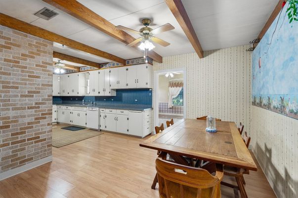 Dining room, Interior, Kitchen, Stone Walls, Wooden Beams, Wood Texture Flooring