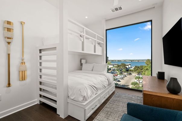 Bedroom, Interior, Recessed Lighting, Water, Wood Texture Flooring