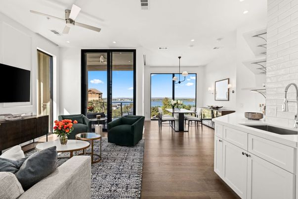 Dining room, Interior, Kitchen, Living room, Pendant Lights, Recessed Lighting, Water, Wood Texture Flooring