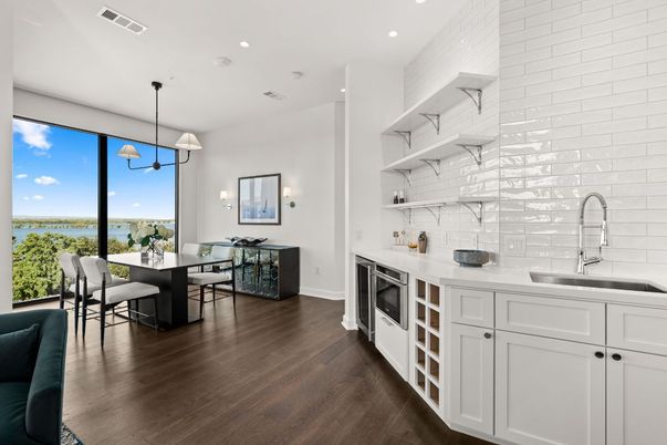 Dining room, Interior, Kitchen, Pendant Lights, Recessed Lighting, Water, Wood Texture Flooring