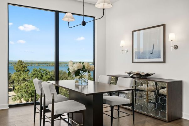 Dining room, Interior, Pendant Lights, Water, Wood Texture Flooring