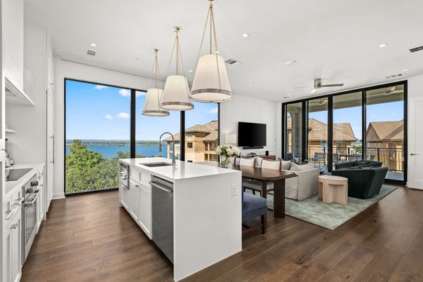 Dining room, Interior, Kitchen, Living room, Pendant Lights, Recessed Lighting, Water, Wood Texture Flooring