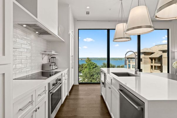 Interior, Kitchen, Pendant Lights, Recessed Lighting, Stainless Steel Appliances, Water, Wood Texture Flooring