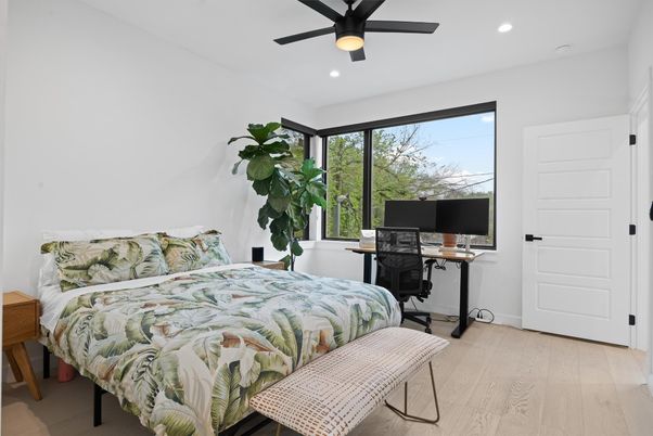 Bedroom, Home Office, Interior, Recessed Lighting, Wood Texture Flooring