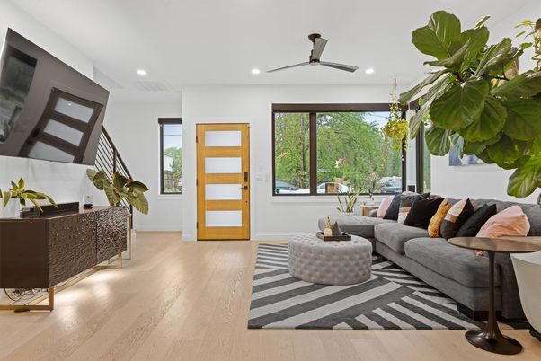 Interior, Living room, Recessed Lighting, Wood Texture Flooring