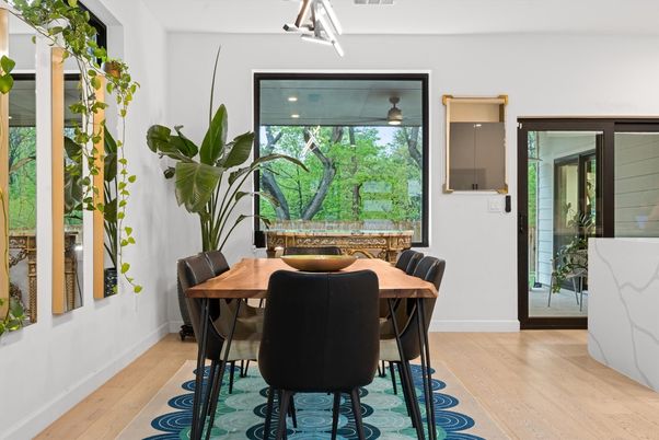 Dining room, Interior, Pendant Lights, Wood Texture Flooring
