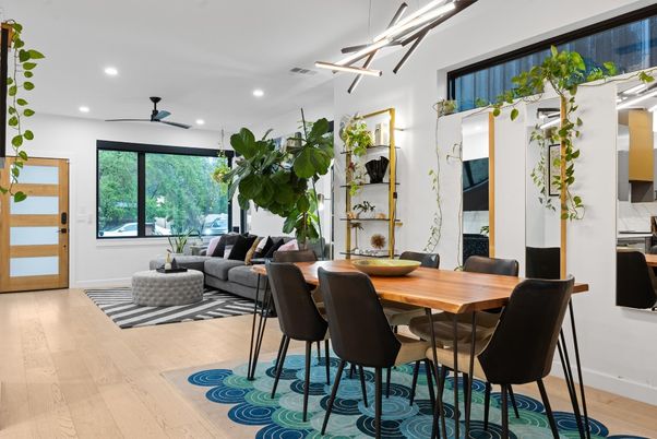 Dining room, Interior, Living room, Recessed Lighting, Wood Texture Flooring