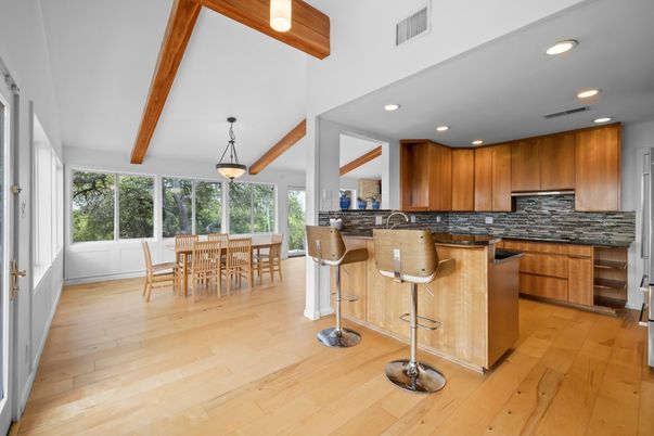 Dining room, Interior, Kitchen, Pendant Lights, Recessed Lighting, Wooden Beams, Wood Texture Flooring