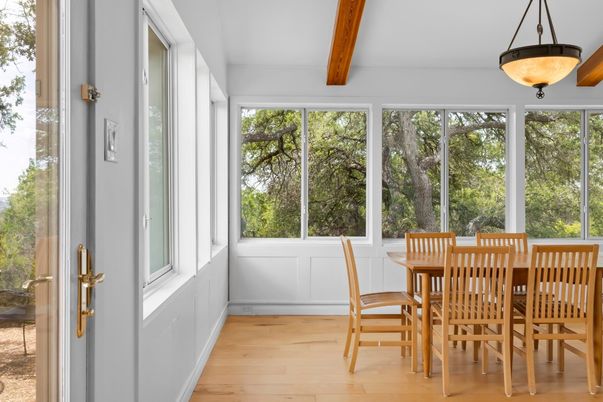 Dining room, Interior, Pendant Lights, Sun Room, Wood Texture Flooring