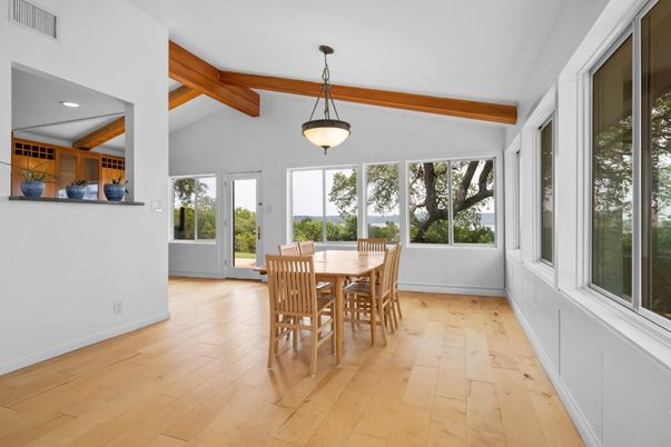 Dining room, Interior, Pendant Lights, Recessed Lighting, Wooden Beams, Wood Texture Flooring