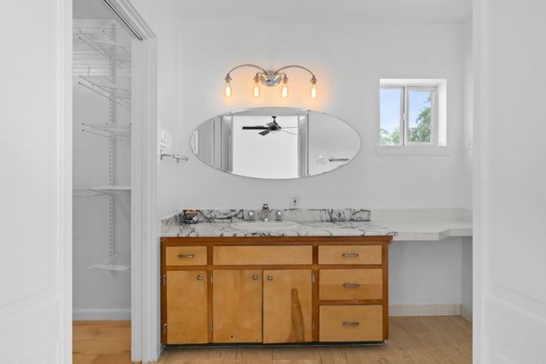 Bathroom, Interior, Marble Walls, Wood Texture Flooring