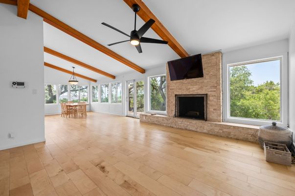 Dining room, Fireplace, Interior, Pendant Lights, Wooden Beams, Wood Texture Flooring