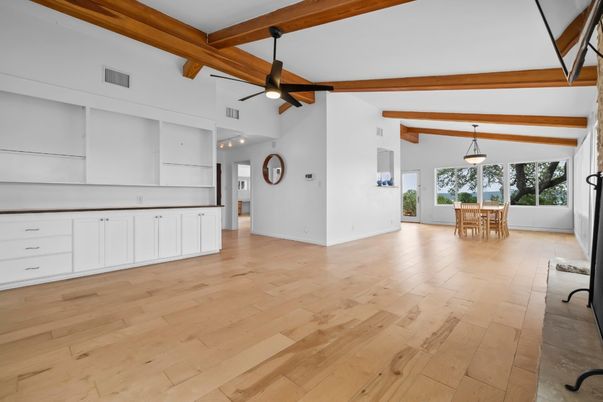 Dining room, Interior, Pendant Lights, Wooden Beams, Wood Texture Flooring