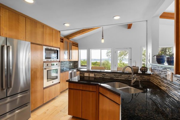 Interior, Kitchen, Pendant Lights, Recessed Lighting, Stainless Steel Appliances, Wooden Beams, Wood Texture Flooring