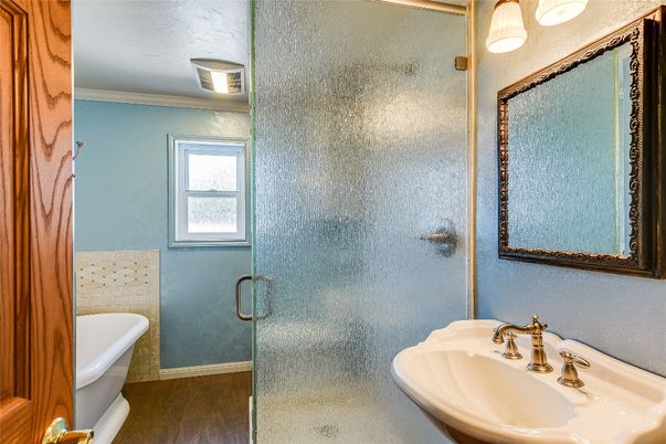 Bathroom, Glass Shower, Interior, Wood Texture Flooring
