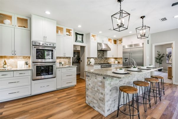 Interior, Kitchen, Pendant Lights, Recessed Lighting, Stainless Steel Appliances, Wood Texture Flooring
