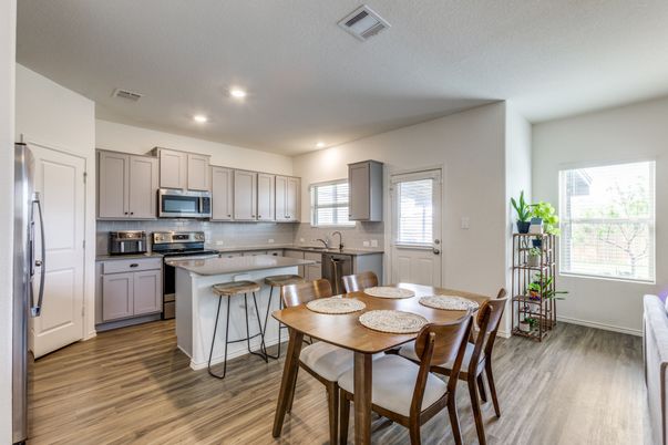 Dining room, Interior, Kitchen, Recessed Lighting, Stainless Steel Appliances, Wood Texture Flooring