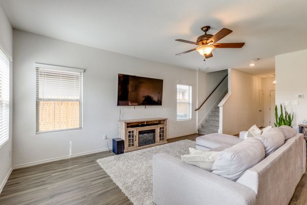 Fireplace, Interior, Living room, Recessed Lighting, Wood Texture Flooring