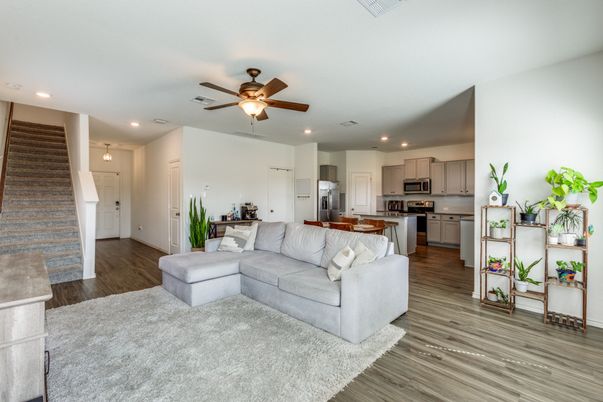 Interior, Kitchen, Living room, Recessed Lighting, Stainless Steel Appliances, Wood Texture Flooring