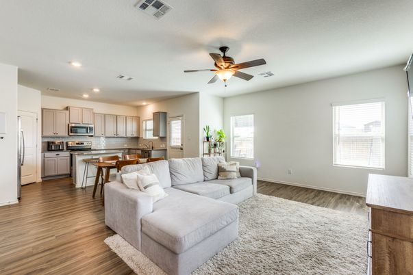 Dining room, Interior, Kitchen, Living room, Recessed Lighting, Stainless Steel Appliances, Wood Texture Flooring
