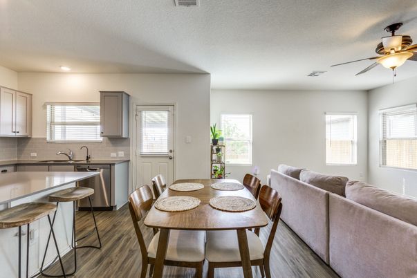 Dining room, Interior, Kitchen, Recessed Lighting, Wood Texture Flooring