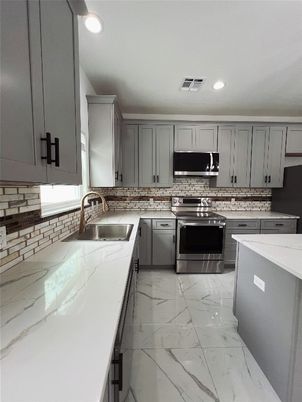 Interior, Kitchen, Marble, Recessed Lighting, Stainless Steel Appliances