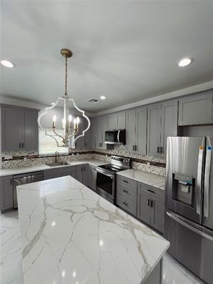 Chandelier, Interior, Kitchen, Marble, Recessed Lighting, Stainless Steel Appliances