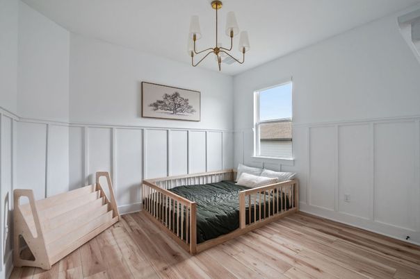 Bedroom, Chandelier, Interior, Wood Texture Flooring